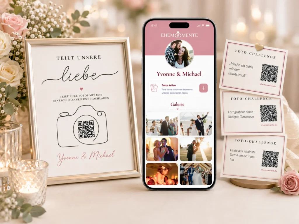 EHEMOMENTE Hochzeitsapp mit QR-Code-Schild, Foto-Challenge-Karten und Galerie-Ansicht auf dem Smartphone – Spreejuwel Hochzeiten