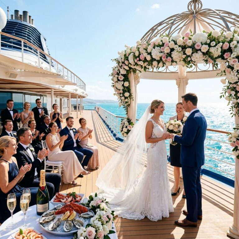 Hochzeit auf dem Kreuzfahrtschiff: Brautpaar bei der Trauung an Deck unter einem Blumenbogen mit Gästen und Meerblick